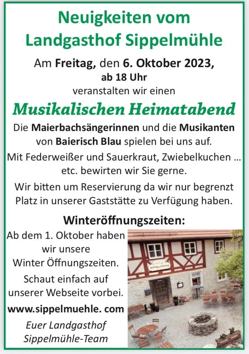 Ankündigung des musikalischen Heimatabends im Landgasthof Sippelmühle.