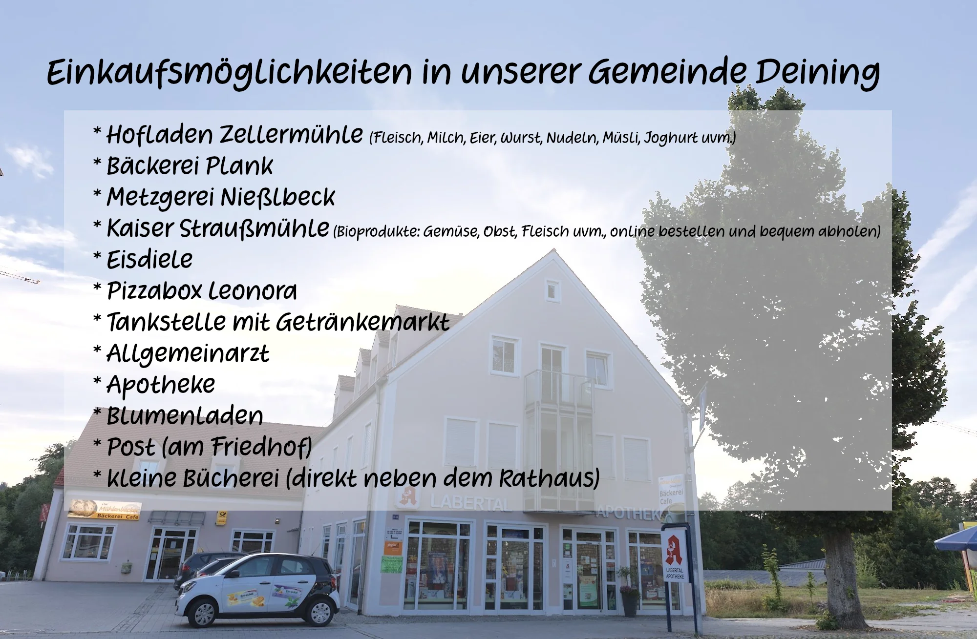 Übersicht aus dem bisherigen Webauftritt: Einkaufsmöglichkeiten in Deining, darunter Hofladen, Bäckerei und Metzgerei.