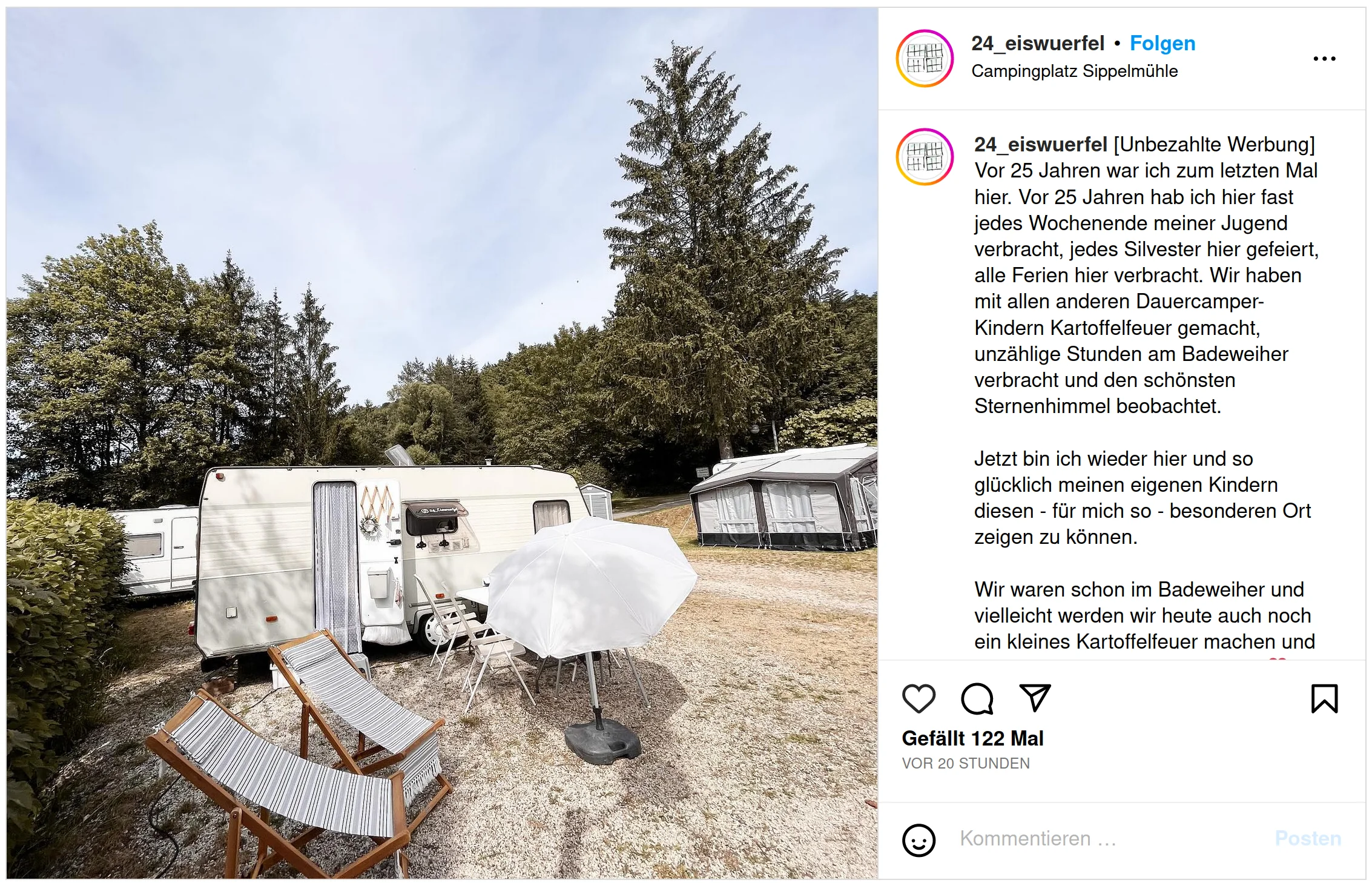 Archivansicht eines Instagram-Gästebeitrags mit Wohnwagen und Terrasse.
