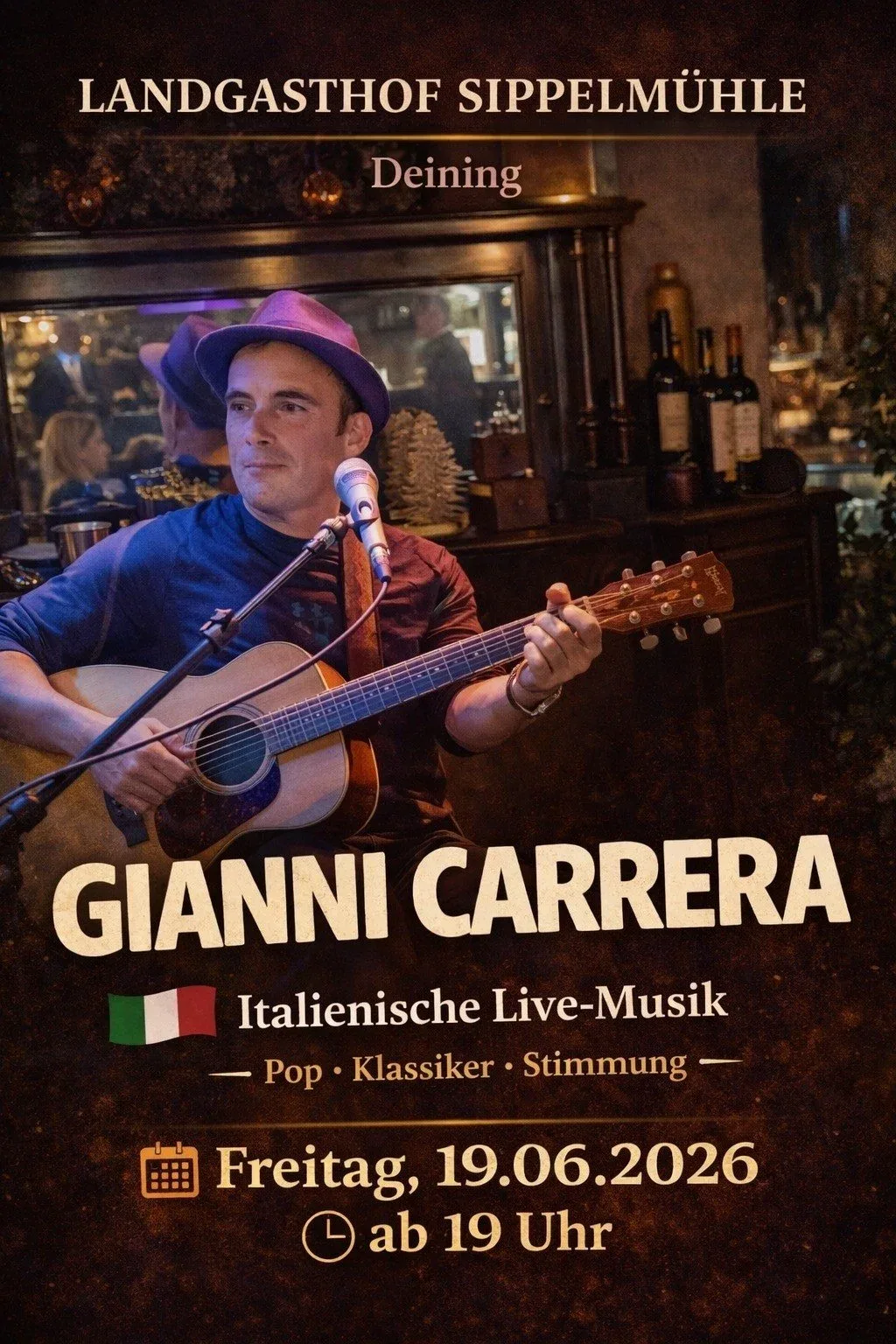 Plakat für den italienischen Live-Musikabend mit Gianni Carrera.