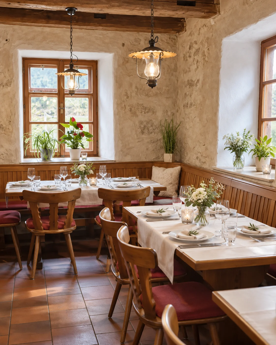 Festlich gedeckte Tische mit weißen Tischdecken und Blumen in der Gaststube der Sippelmühle