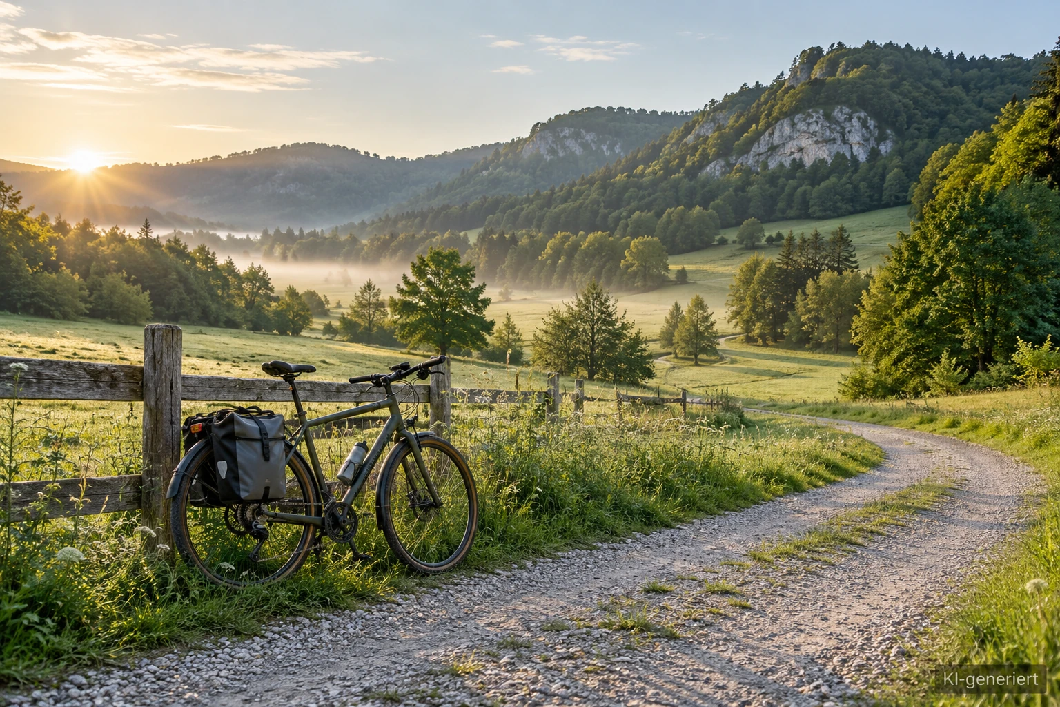 KI-generierte Illustration: Trekkingrad an einem Feldweg zwischen Wiesen und bewaldeten Hügeln. Keine Aufnahme der konkreten Tour.