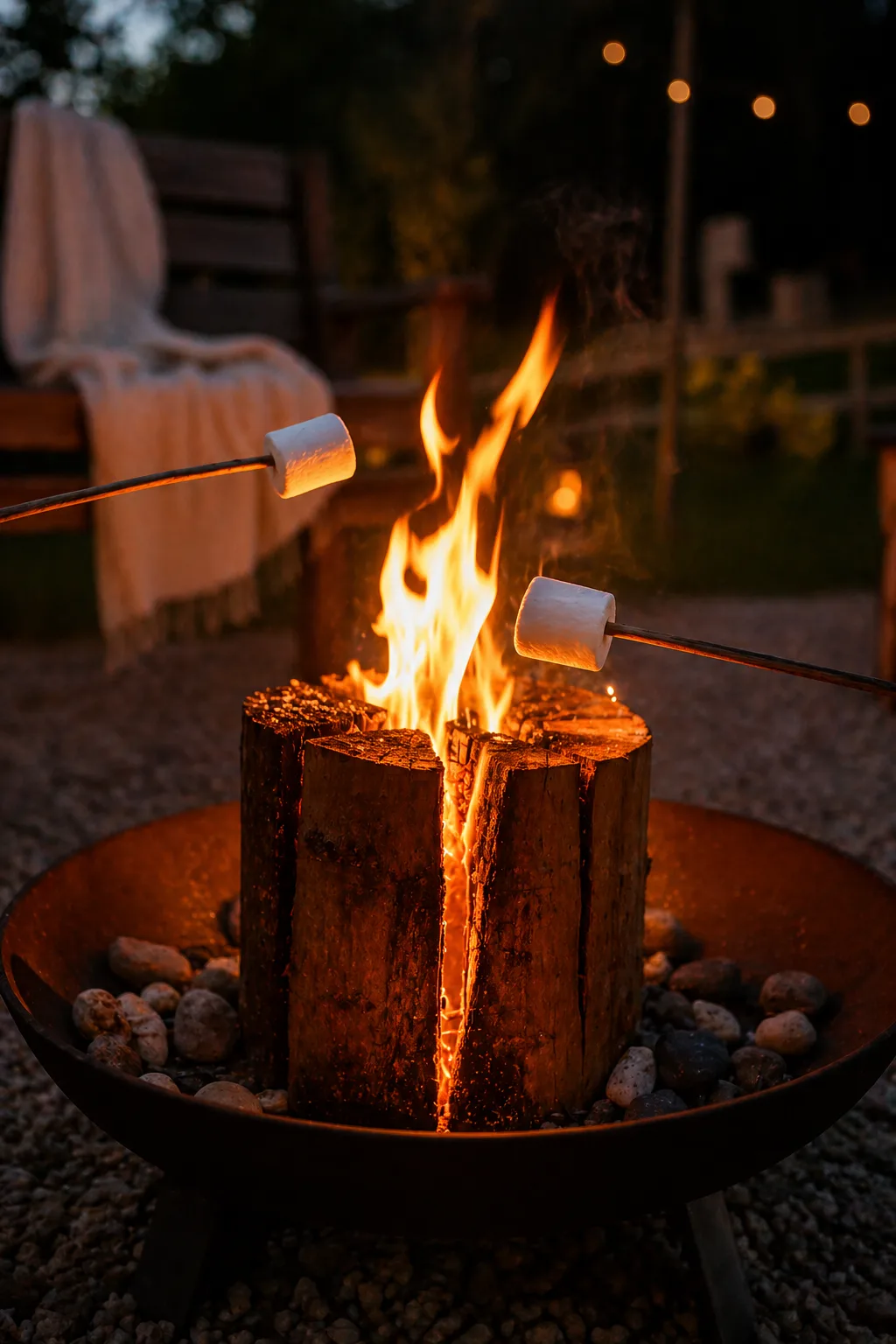 Schwedenfeuer in einer Feuerschale am Abend.