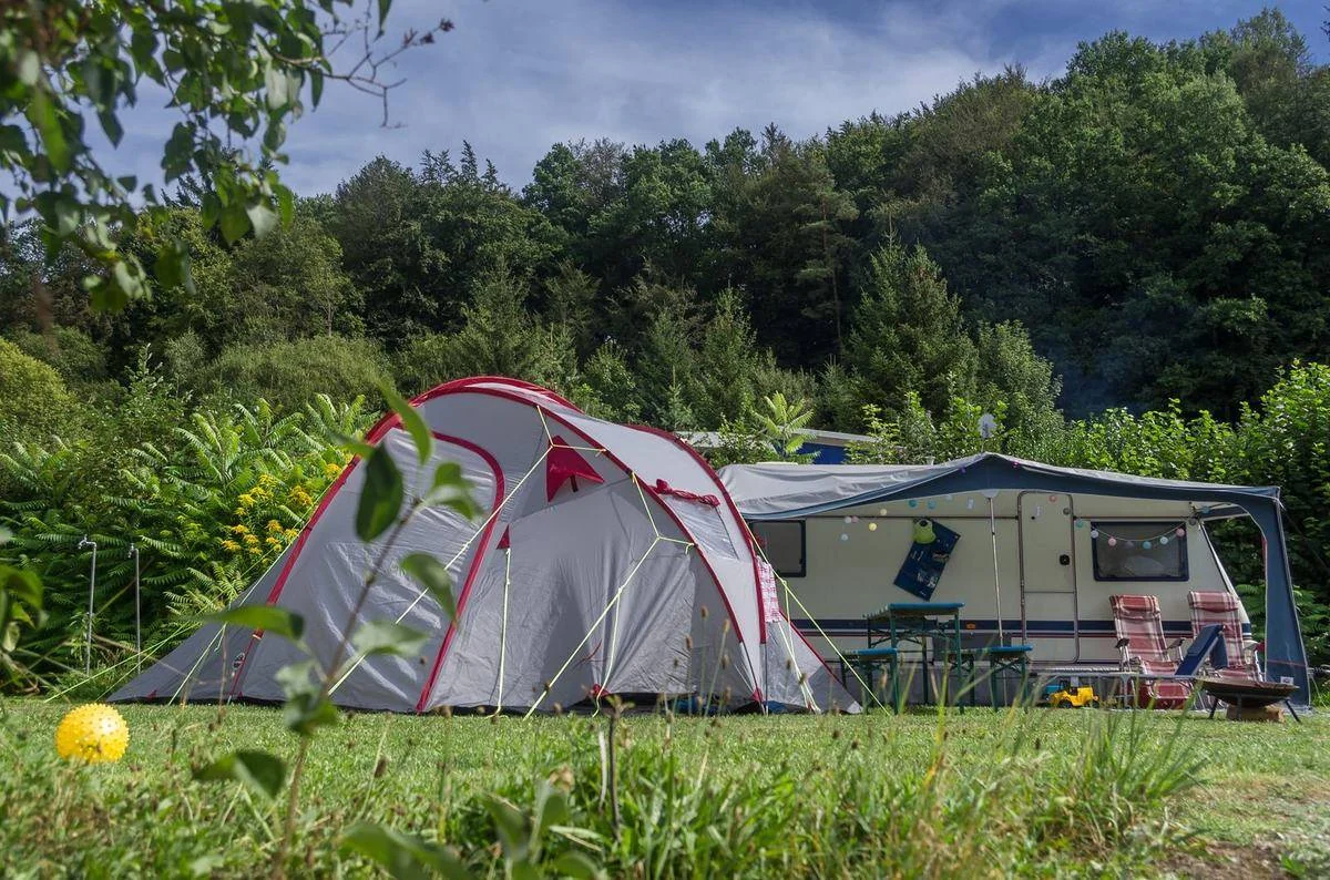 Zelt und Wohnwagen auf einer grünen Campingwiese.
