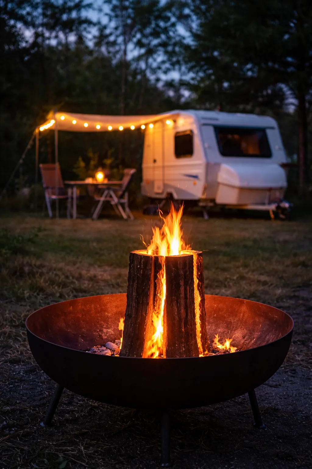 Wohnwagen und Feuerschale am Abend auf dem Campingplatz.